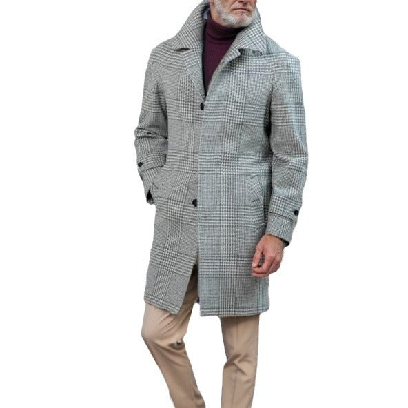 Men's Glencheck Wool Coat with Waist Belt and Stand-up Collar Mune Fashion