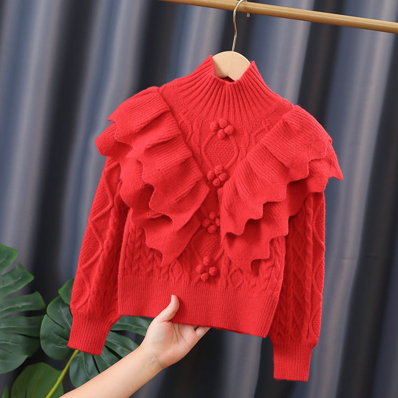Women's Knit Sweater with Ruffles and Cable Pattern Mune Fashion