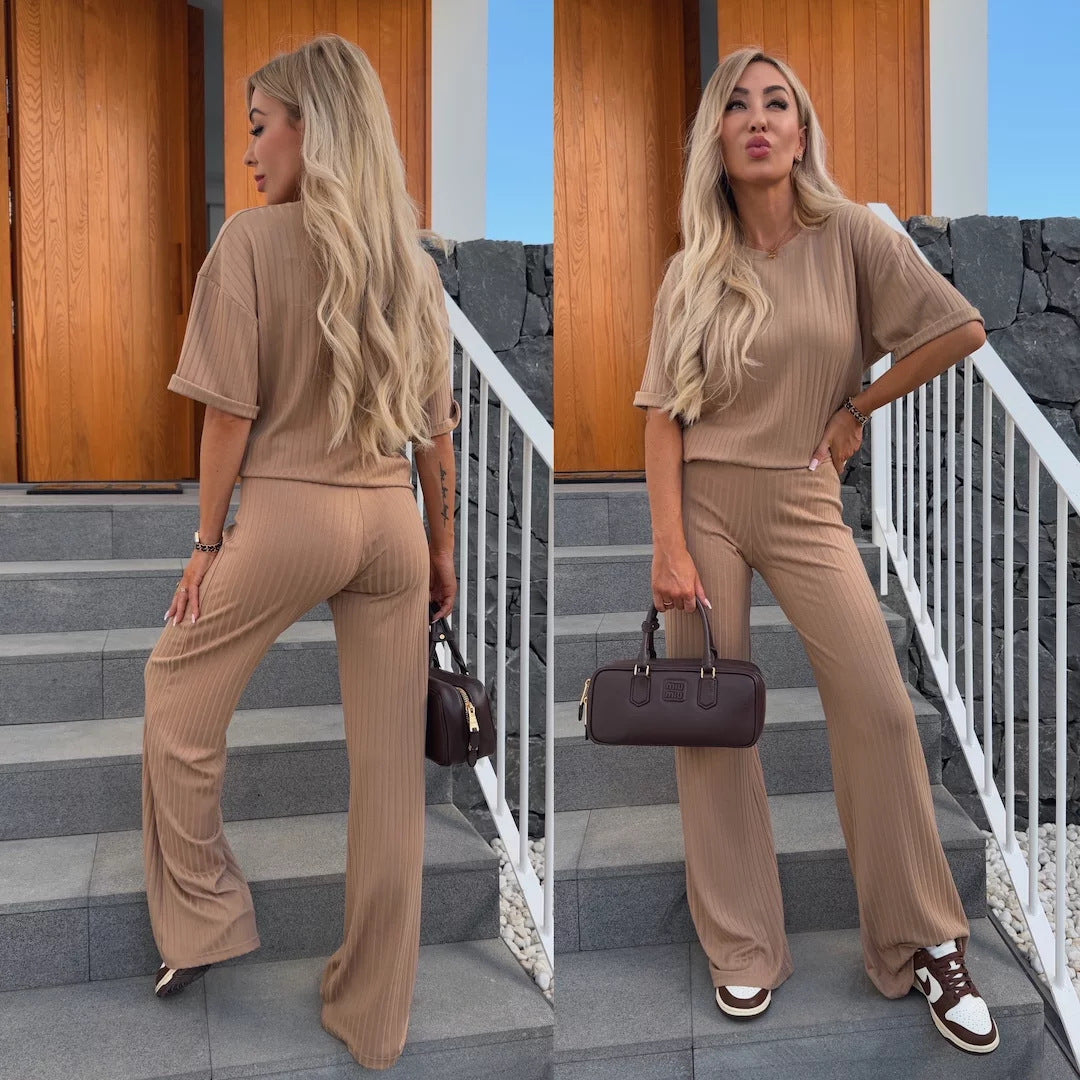 Women Fine Ribbed Two-Piece with Relaxed Crewneck and Flared Palazzo Pants Mune Fashion