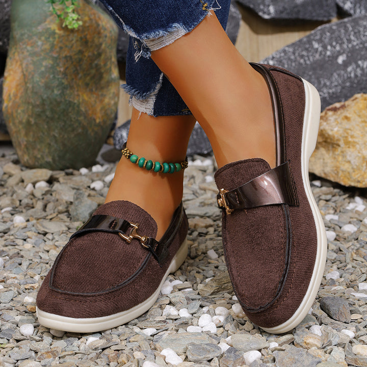 Ladies elegant suede slippers with decorative metal hardware and flexible easy-running sole Mune Fashion