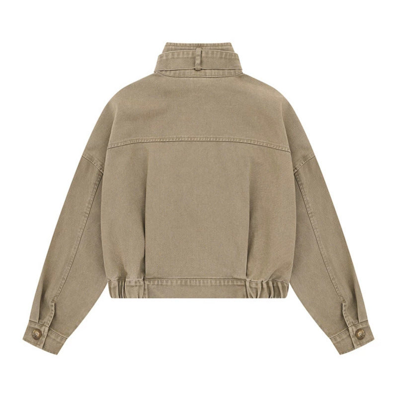 Women's Cropped Utility Bomber Jacket with Stand-Up Collar, Zipper Pockets and Elastic Cuffs Mune Fashion