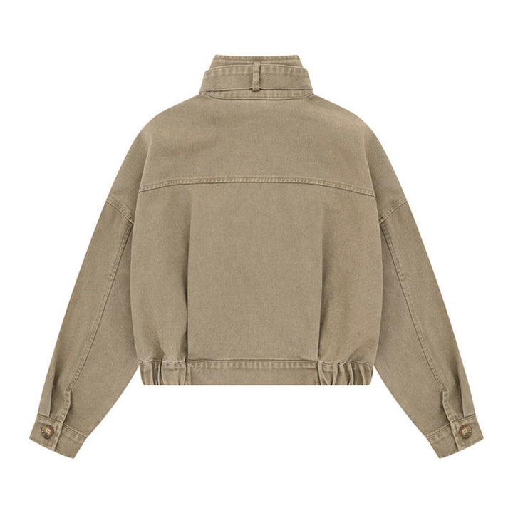 Women's Cropped Utility Bomber Jacket with Stand-Up Collar, Zipper Pockets and Elastic Cuffs Mune Fashion