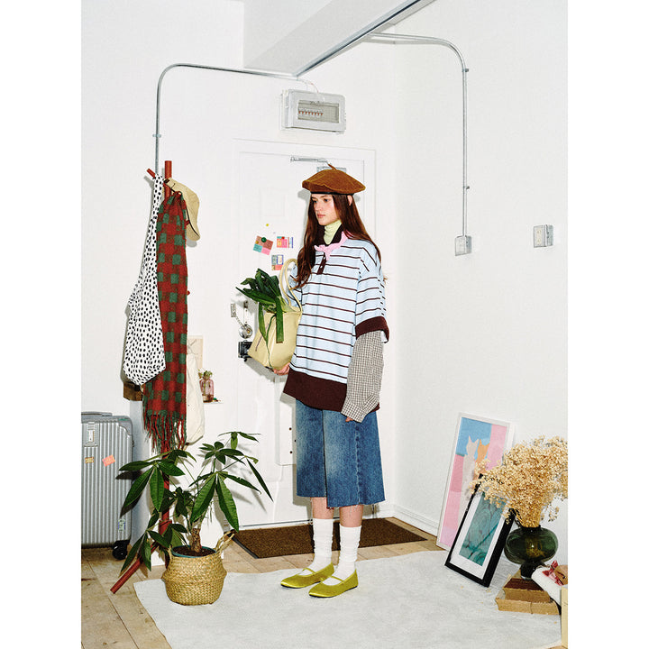 Men's Layered Look Polo with Stripes, Contrast Collar and Checked Insert Sleeves Mune Fashion