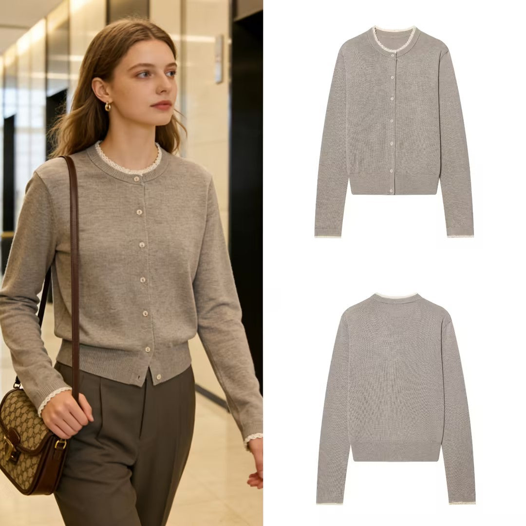 Women Fine Knit Cardigan with Round Neckline, Button Placket and Lace Trim Mune Fashion