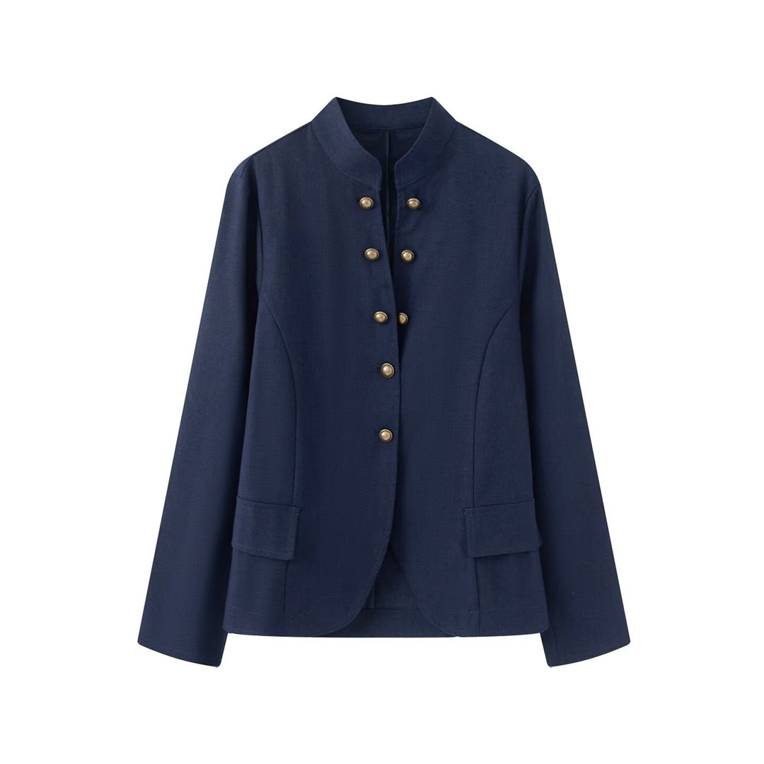 Women Elegant Short Jacket with Standing Collar, Decorative Toggle Buttons and Flap Pockets Drune