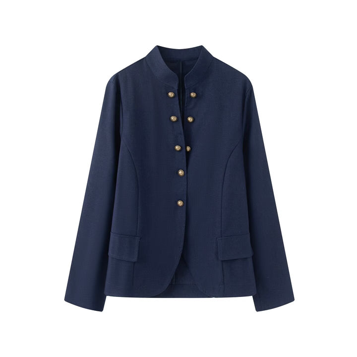 Women Elegant Short Jacket with Standing Collar, Decorative Toggle Buttons and Flap Pockets Drune