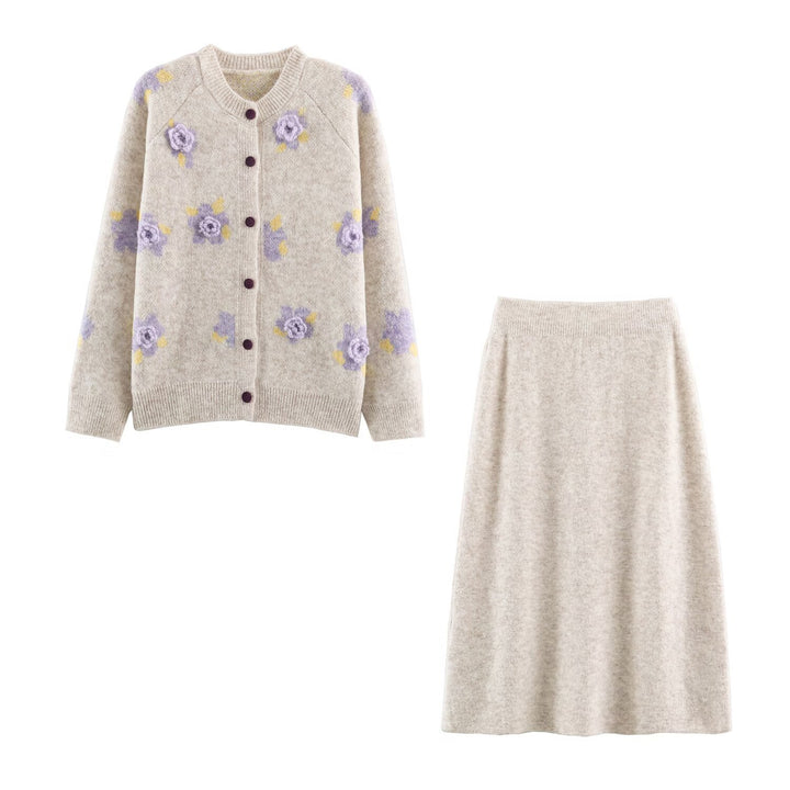 Women's Fine Knit Two-Piece Cardigan with Floral Jacquard and Tailored A-Line Knit Skirt Mune Fashion