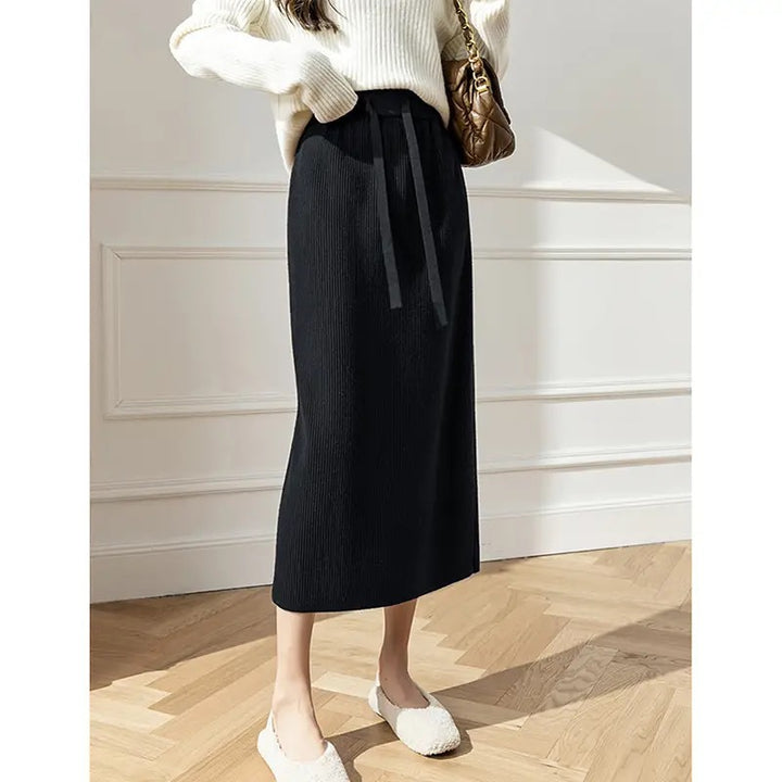 Ladies Elegant Ribbed Midi Skirt with Ties Mune Fashion