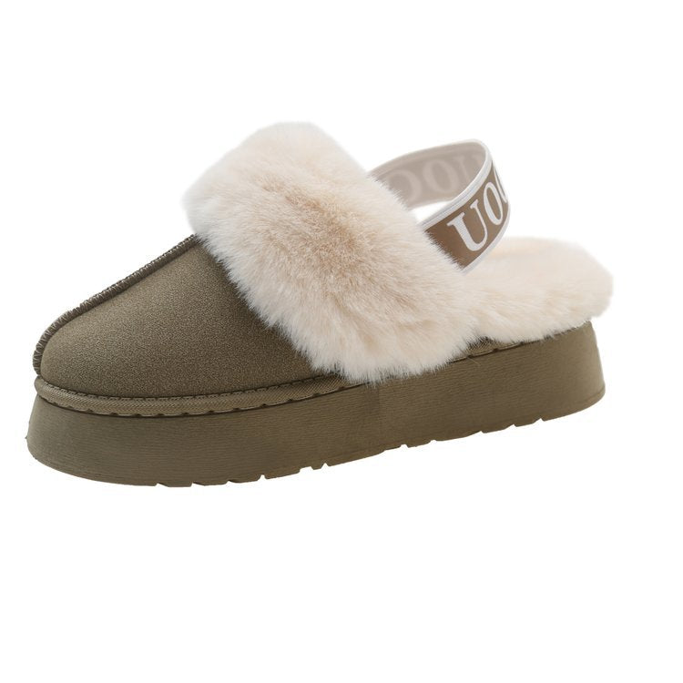 Women's Fur-Lined Slingback Slippers with Elastic Brand Strap and Light Platform Sole Mune Fashion