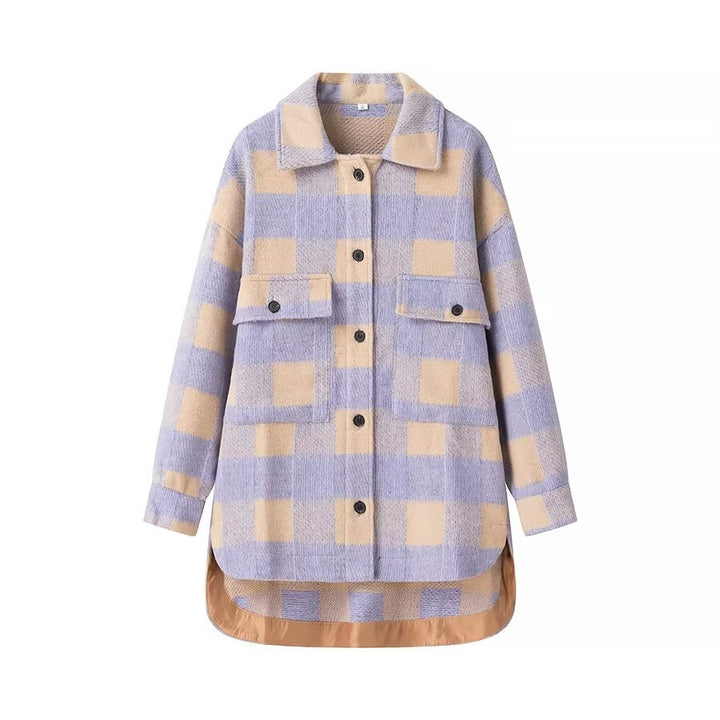 Women's oversized checked shirt jacket in shacket style with patch pockets and elongated round hem Mune Fashion