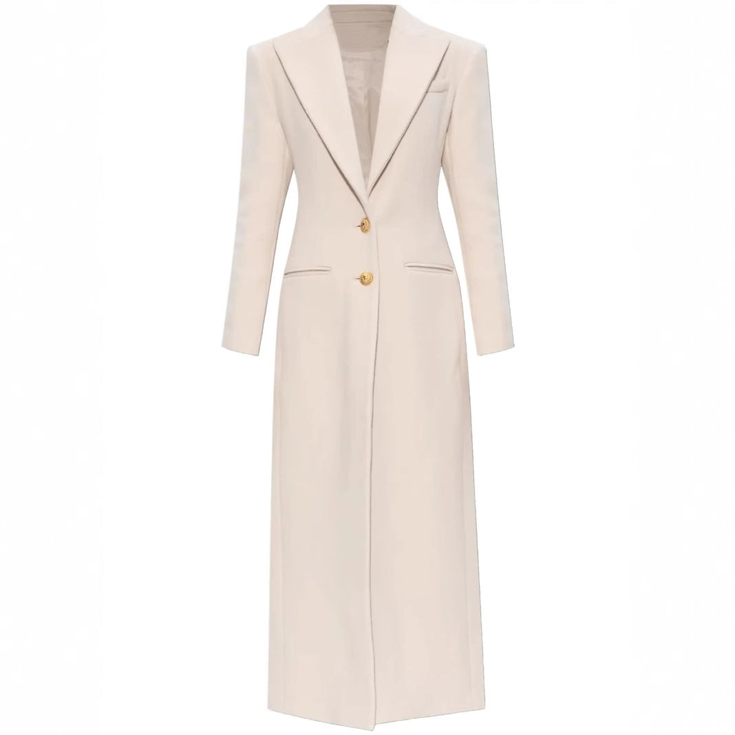 Women’s long-cut wool coat with tailored fit and golden buttons Mune Fashion