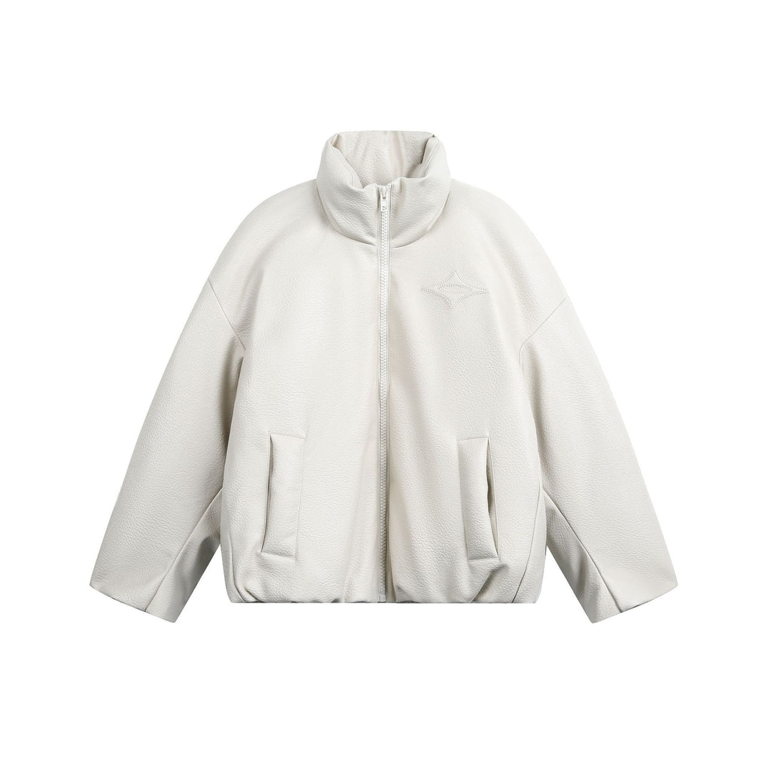 Women's Oversized Faux Leather Bomber Jacket with High Stand-Up Collar Mune Fashion