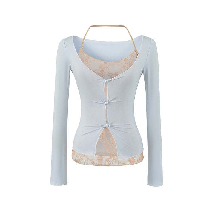 Women's Figure-Hugging Long Sleeve Top with Lace Insert and Knot Closure Mune Fashion