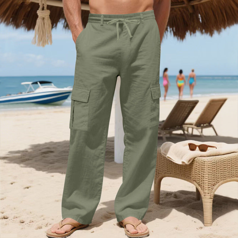 Men's loose cargo beach pants made of linen blend with elastic waistband and adjustable drawstring Mune Fashion