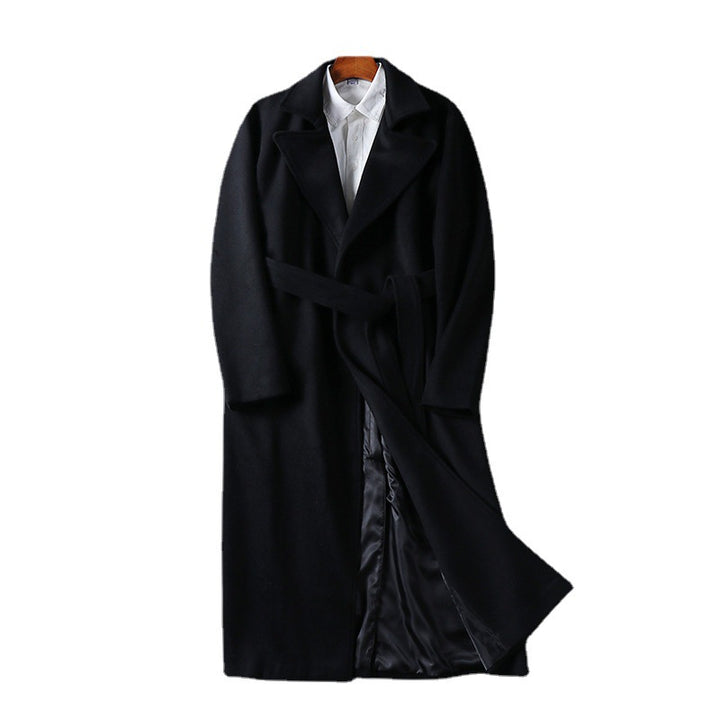 Men's Maxi-Length Wool Blend Coat with Shawl Collar and Tie Belt Mune Fashion