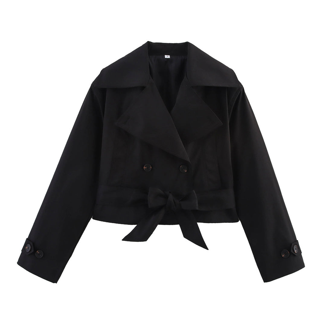 Women nan short-cut trench coat with wide lapel, double-breasted button placket and bow belt Mune Fashion