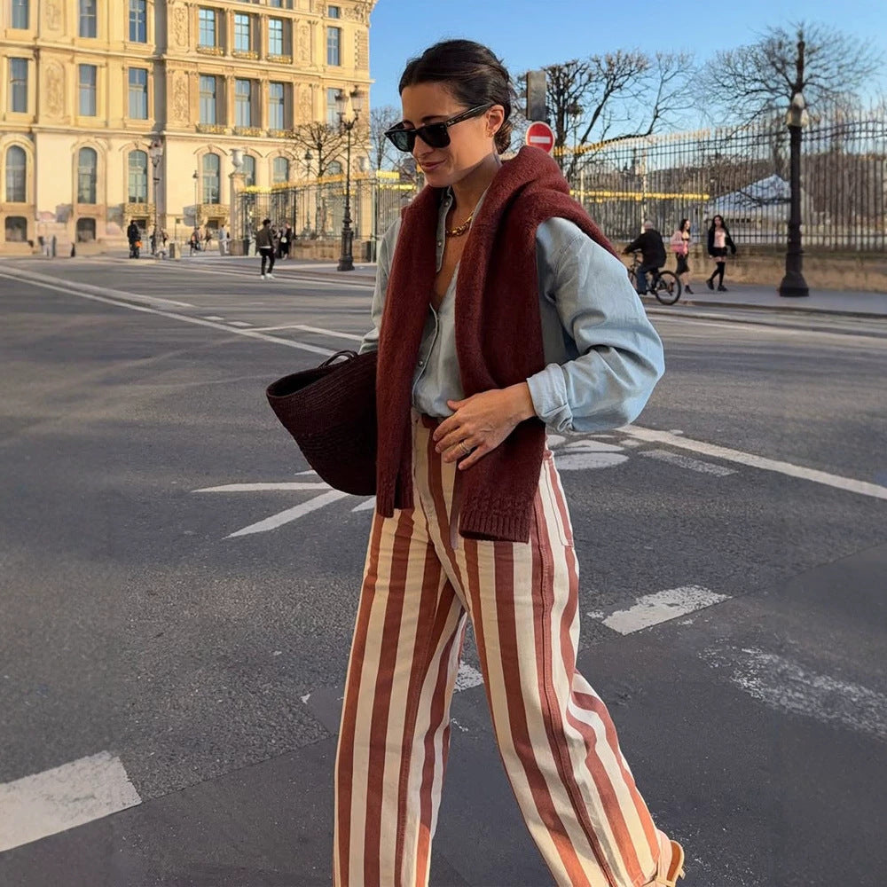 Women's Striped High-Waist Linen Pants with Wide Leg Mune Fashion
