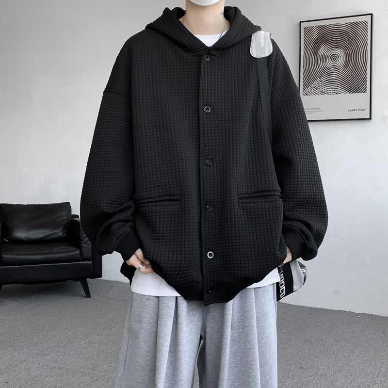 Men's Oversized Quilted Hooded Jacket with Waffle Texture, Button Placket and Side Pockets Mune Fashion