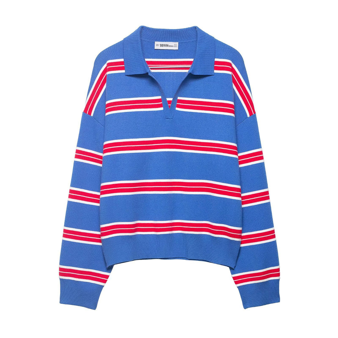 Women Striped Rugby Polo Sweater with V-Notch and Cropped Hem Mune Fashion