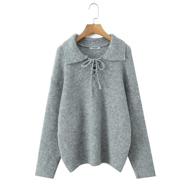 Women Cozy Knit Sweater with Wide Polo Collar and Drawstring Mune Fashion