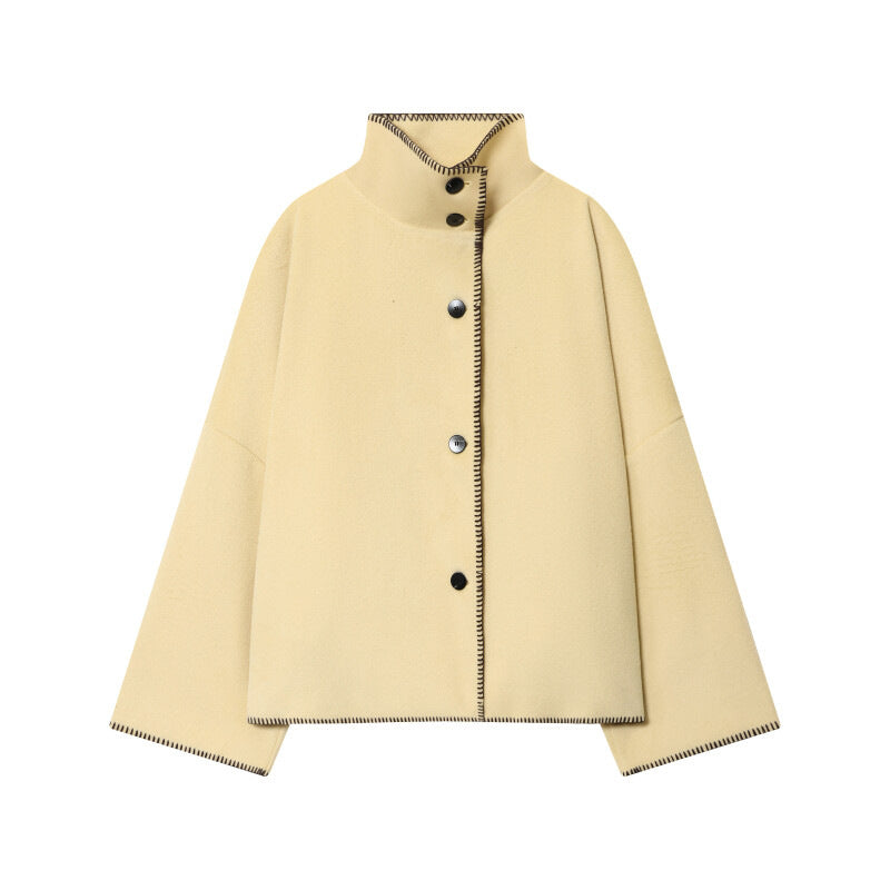 Women's Short Wool Cape Coat with Stand Collar, Contrast Stitching and Snap Button Closure Mune Fashion