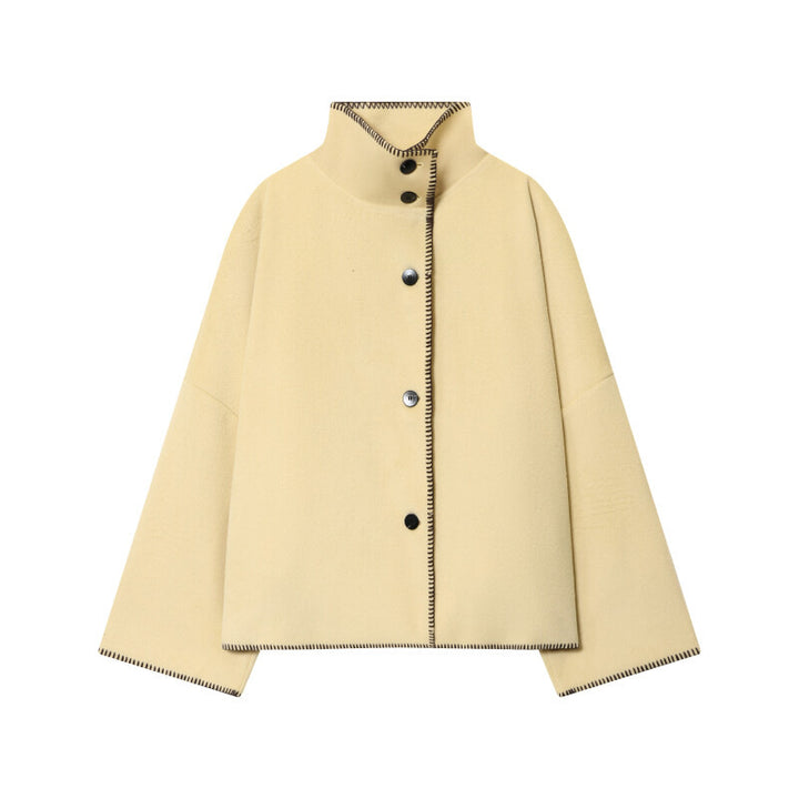 Women's Short Wool Cape Coat with Stand Collar, Contrast Stitching and Snap Button Closure Mune Fashion