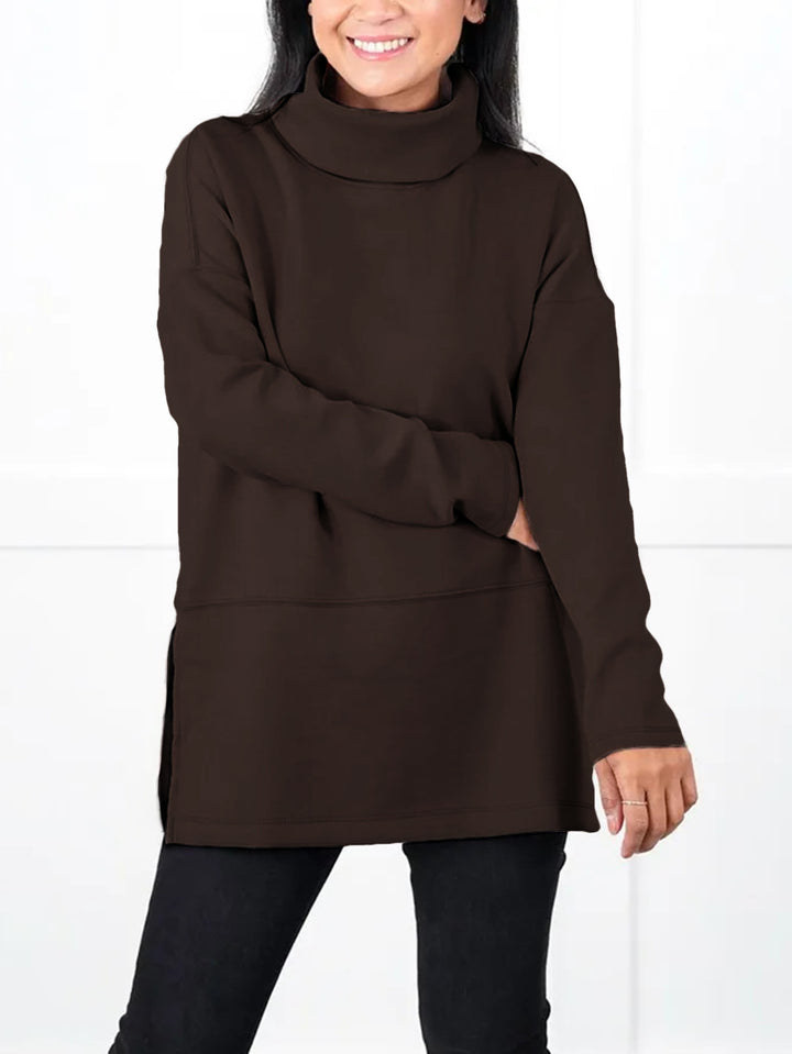 Women's Oversize Sweat Tunic with High Roll Neck, Side Slits and Extended Hem Mune Fashion
