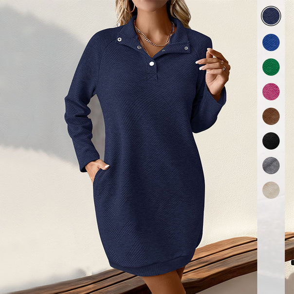 Women's Casual Sweat Dress with Stand Collar, Press Stud Placket and Side Pockets Mune Fashion