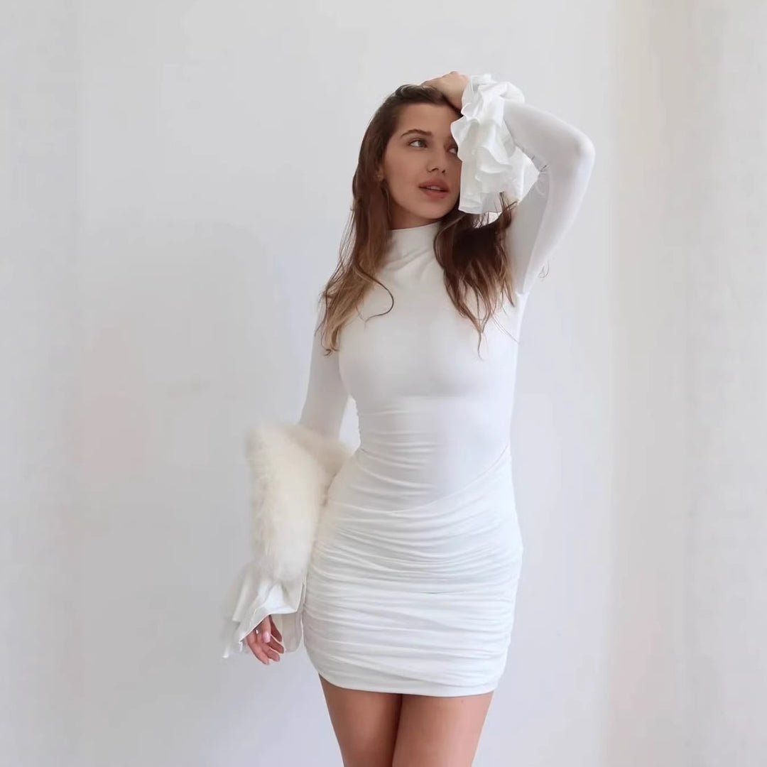 Ladies' fitted mini dress with ruffled flounce sleeves and gathered wrap look Mune Fashion