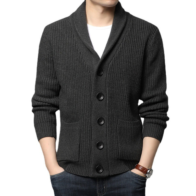 Men's chunky knit cardigan with shawl collar, patch pockets, and button placket Mune Fashion