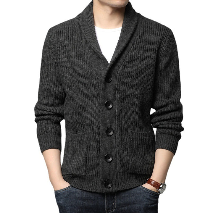 Men's chunky knit cardigan with shawl collar, patch pockets, and button placket Mune Fashion