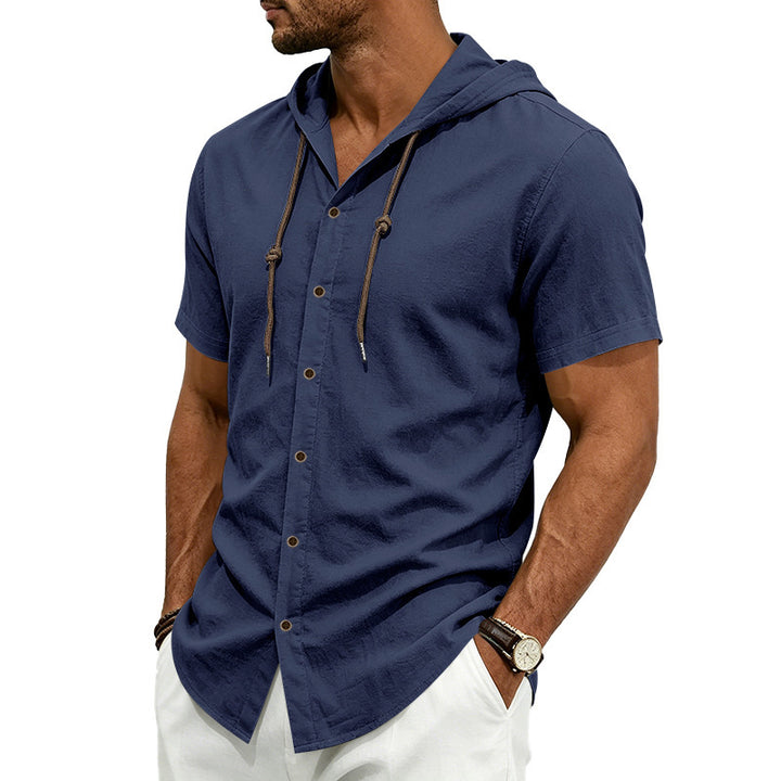 Men's short-sleeve hooded shirt in linen look with button placket and drawstring Mune Fashion