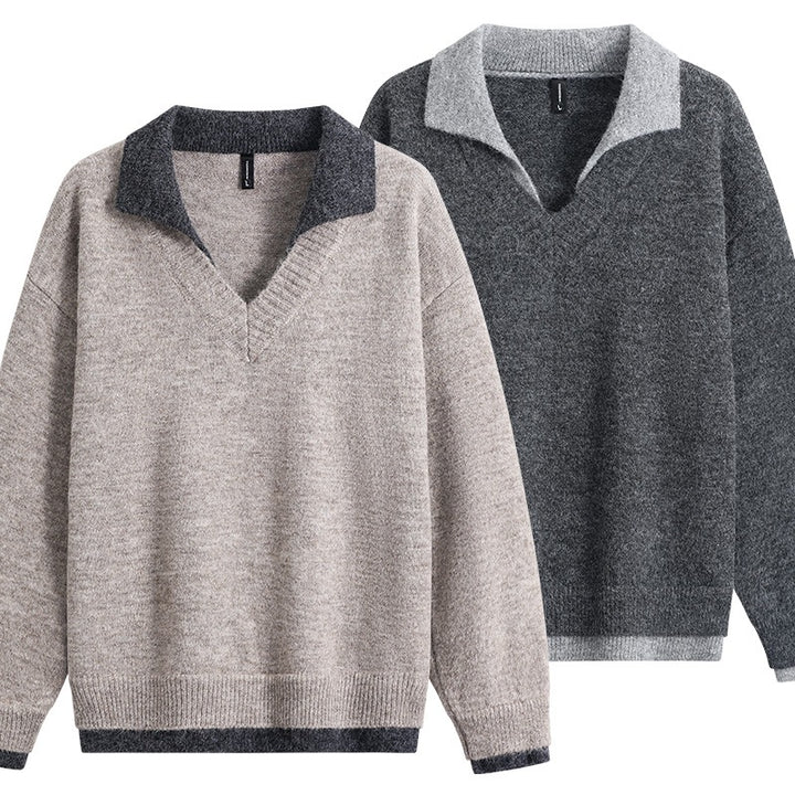 Men's Oversized Sweater with Contrasting Collar, V-Neck and Soft Fleece Lining Mune Fashion