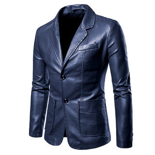 Men's Elegant Slim-Fit Faux Leather Blazer with Notched Lapel, Two-Button Placket & Flap Pockets Mune Fashion