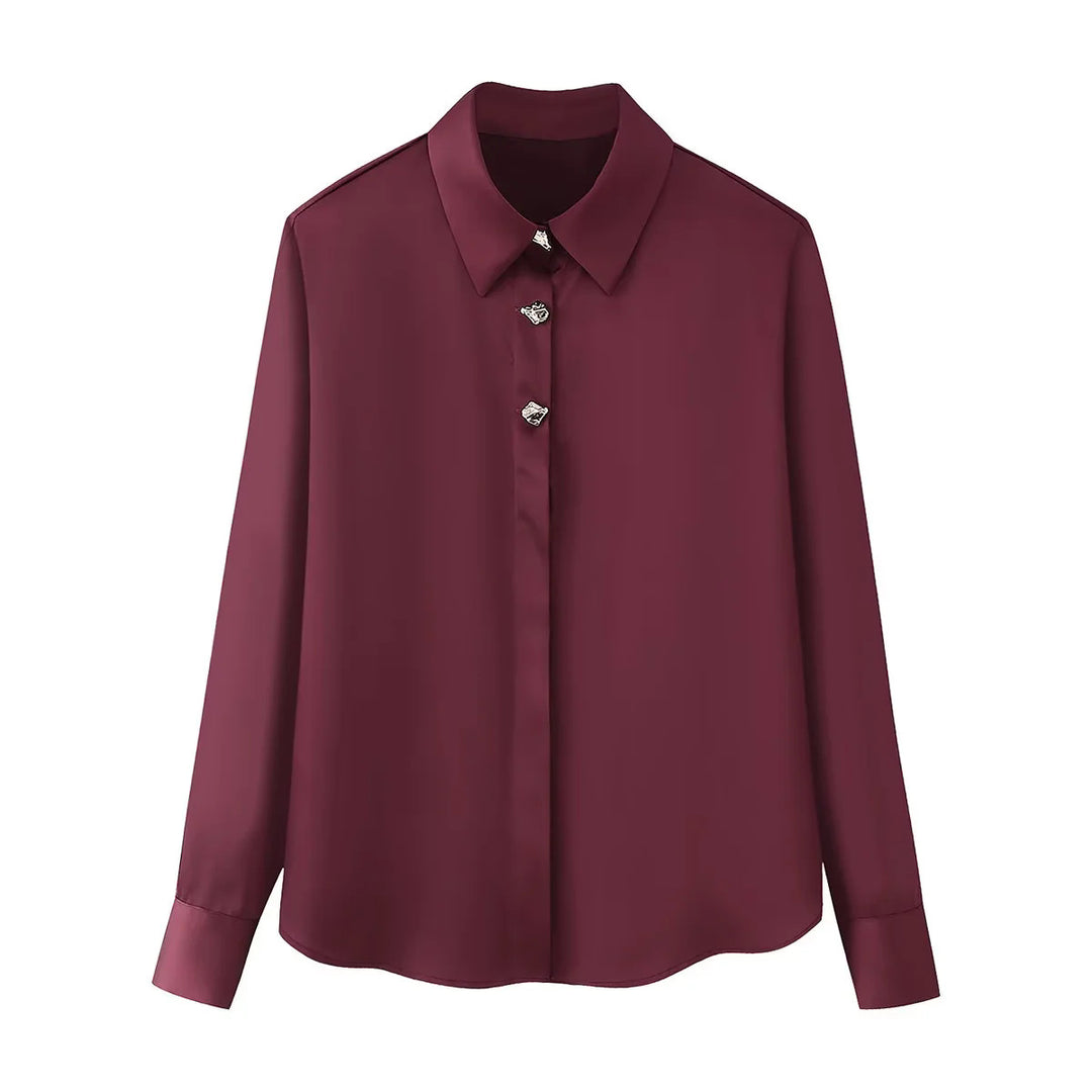 Ladies silky shirt blouse with decorative buttons, classic collar and loose fit Mune Fashion