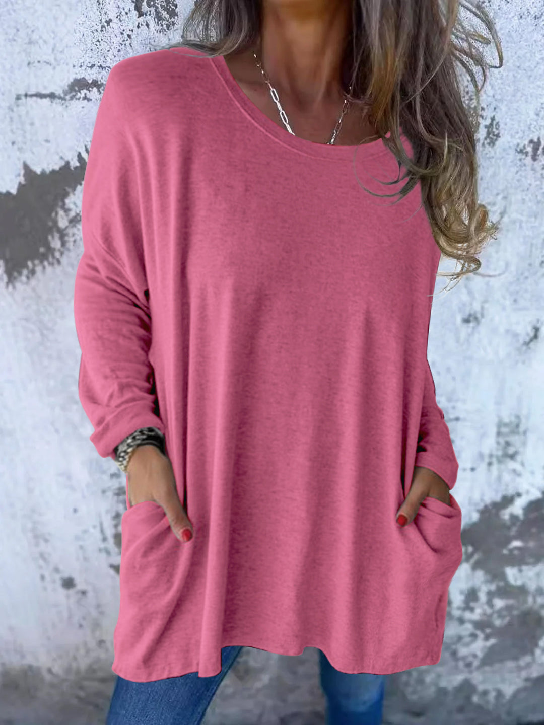 Ladies Soft Oversize Long Shirt with Round Neck, Casual Sleeves and Side Pockets Mune Fashion