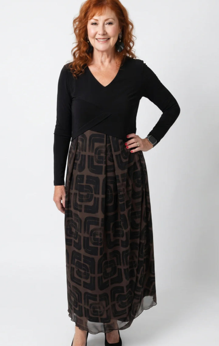 Ladies' V-neck Maxi Dress with Fitted Wrap Top and Transparent Patterned Overlay Skirt Mune Fashion
