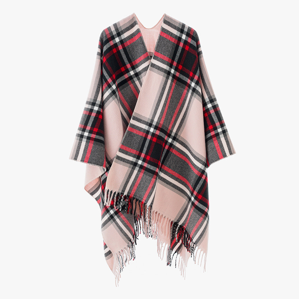 Women Checkered Oversized Throw Poncho with V-Neck and Fringed Hem Mune Fashion