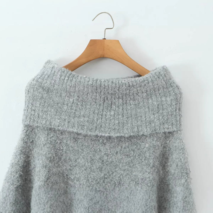 Women's Off-Shoulder Oversized Knit Sweater with Wide Folded Collar and Voluminous Sleeves Mune Fashion