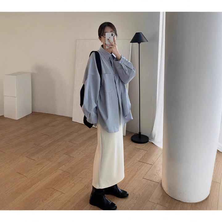 Women's Loose Oversize Shirt with Stand Collar, Extended Back and Drop Shoulders Mune Fashion