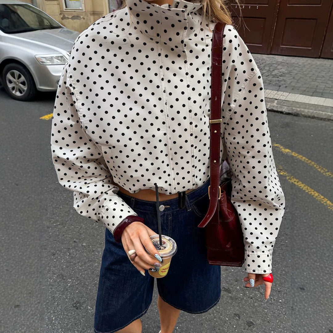 Women's Polka Dot Oversized Bomber Jacket made of lightweight cotton blend with stand-up collar and zipper Mune Fashion