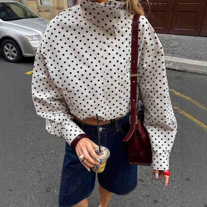 Women's Polka Dot Oversized Bomber Jacket made of lightweight cotton blend with stand-up collar and zipper Mune Fashion