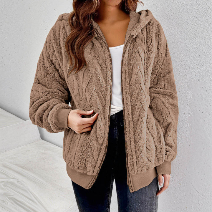 Women's Hooded Teddy Jacket with Zipper, Soft Plush and Elastic Cuff Mune Fashion