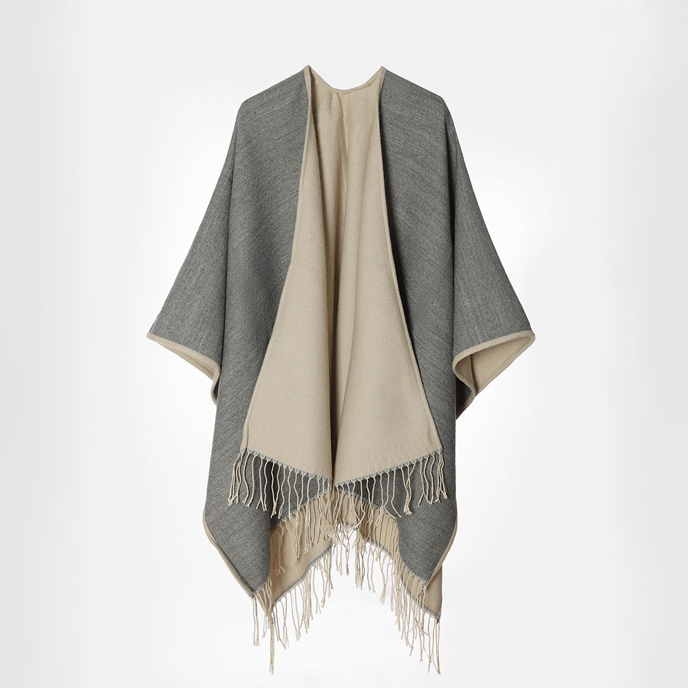 Women Two-Layer Oversized Cape with Fringes and Open Waterfall Cut Mune Fashion