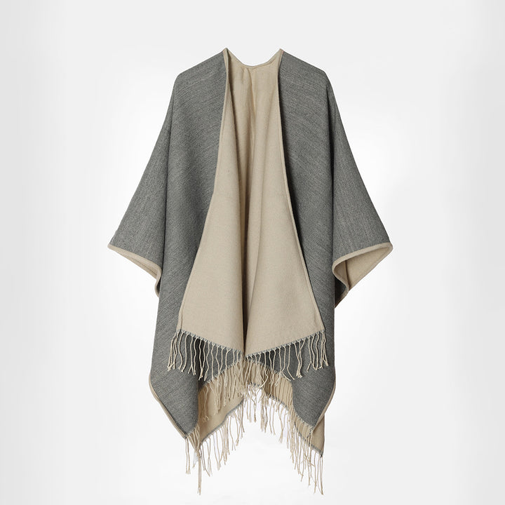 Women Two-Layer Oversized Cape with Fringes and Open Waterfall Cut Mune Fashion
