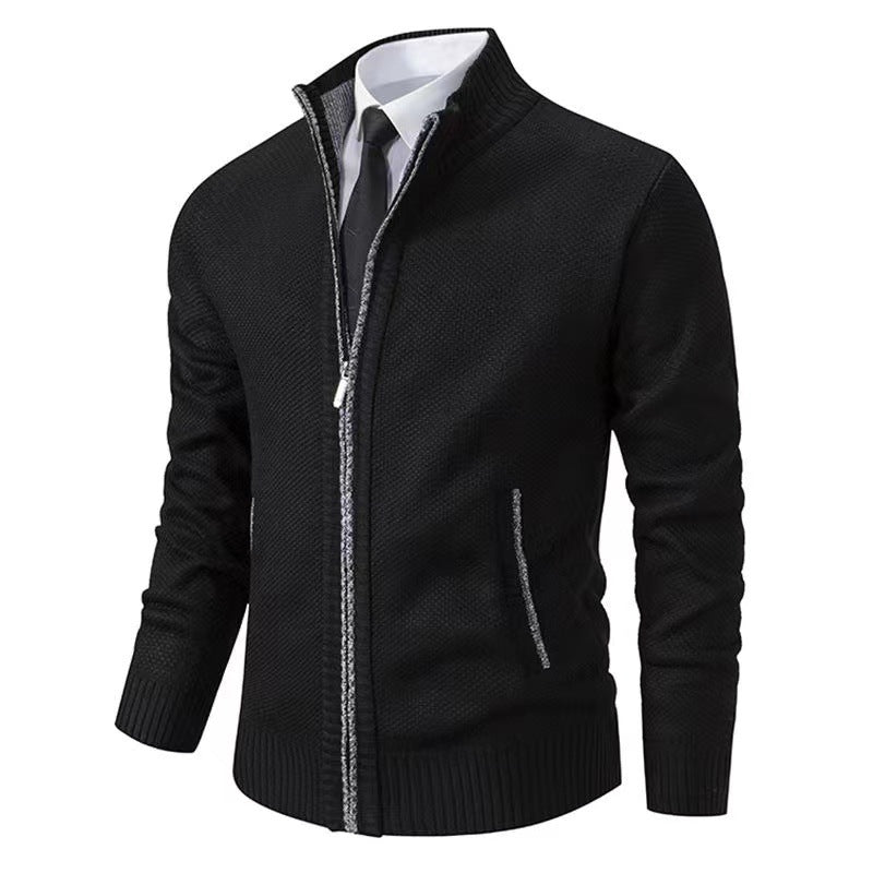 Men's melange knit zip jacket with high stand-up collar, fine texture and concealed side pockets Mune Fashion