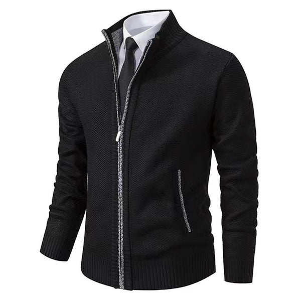 Men's melange knit zip jacket with high stand-up collar, fine texture and concealed side pockets Mune Fashion