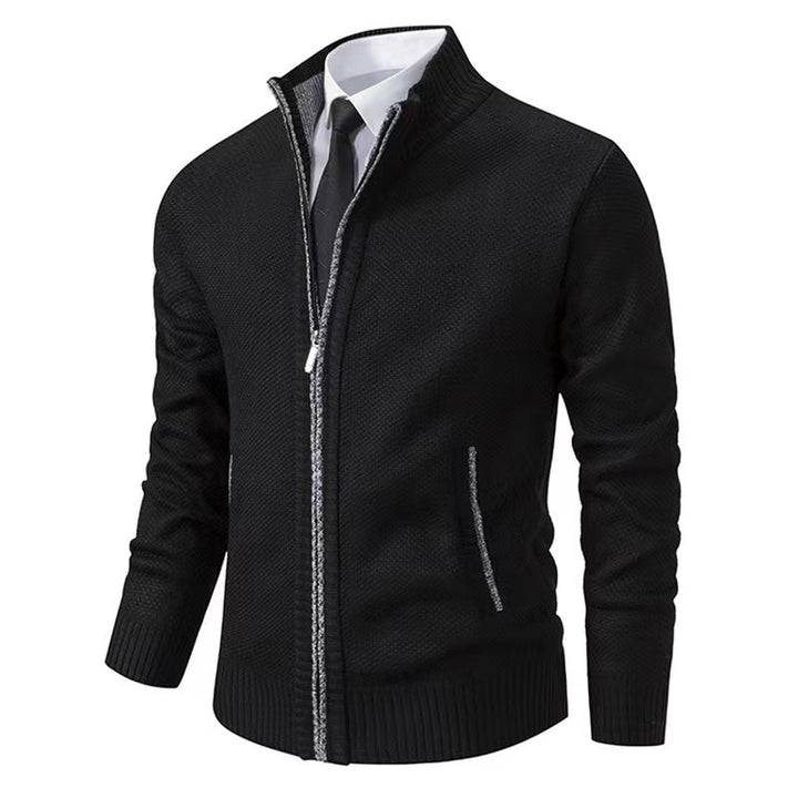 Men's melange knit zip jacket with high stand-up collar, fine texture and concealed side pockets Mune Fashion