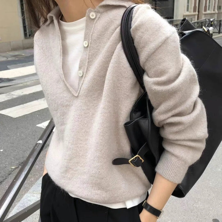 Women's Soft Hoodie in Mohair Look with Deep V-Neck and Half Button Placket Mune Fashion