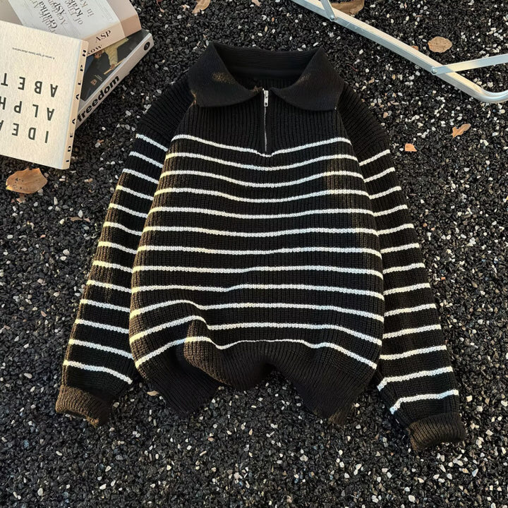 Unisex Chunky Knit Oversize Sweater with Half Zipper and Polo Collar Mune Fashion